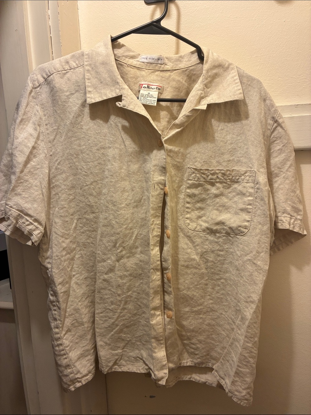 Talbots Cream Short-Sleeve Linen Blend Button-Up Blouse